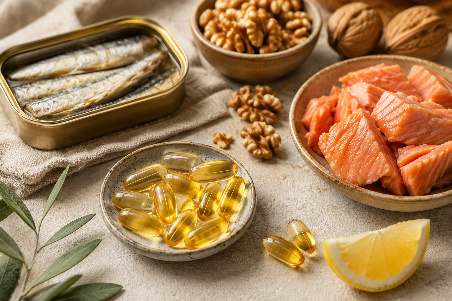 Omega-3 sources — golden fish oil softgels in a ceramic dish alongside fresh salmon, canned sardines, walnuts and a lemon wedge on a warm stone surface